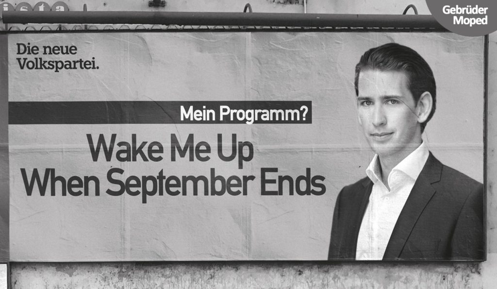 Sebastian Kurz inspirierte bereits zahlreiche Satiriker*innen – so auch die Gebrüder Moped. © Gebrüder Moped, http://gebruedermoped.com