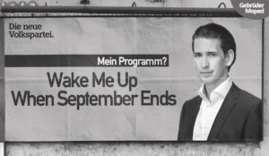 Sebastian Kurz inspirierte bereits zahlreiche Satiriker*innen – so auch die Gebrüder Moped. © Gebrüder Moped, http://gebruedermoped.com